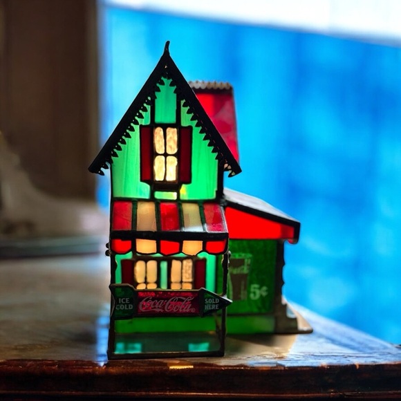 Vintage 1995 Coca-Cola Stained Glass Corner Store Lighted Lamp - Picture 4 of 6